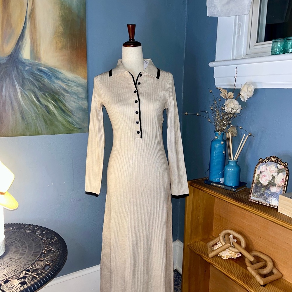 TECREW Women's Long Sleeve V Neck Sweater Maxi Dress Button Body Fitted Medium